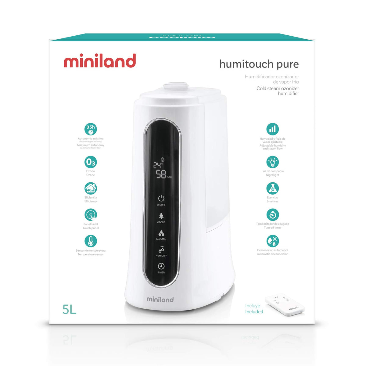 Miniland Humitouch Pure -ilmankostutin 5 l, kaukosäätimellä ja yövalolla, valkoinen