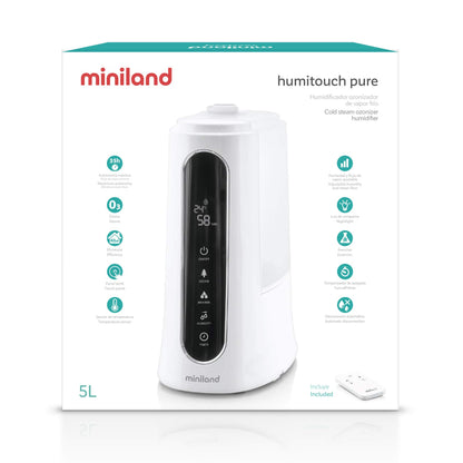 Miniland Humitouch Pure -ilmankostutin 5 l, kaukosäätimellä ja yövalolla, valkoinen