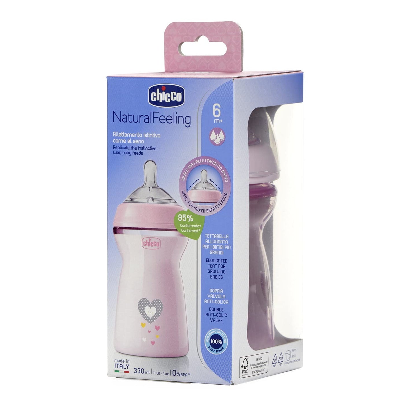 Chicco Natural Feeling lutipudel 330 ml, kiire vooluga, alates 6. elukuust, roosa
