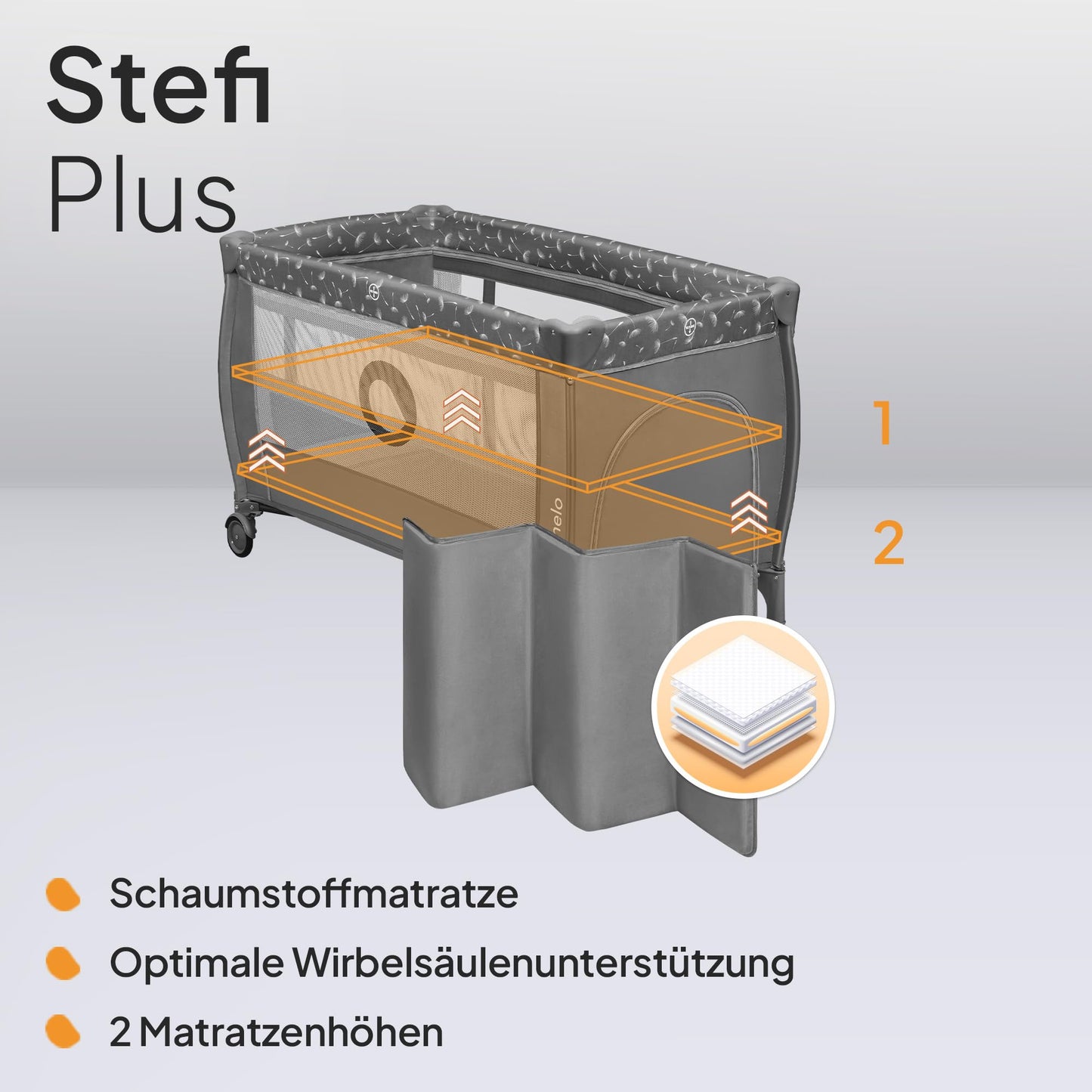 Lionelo Stefi Plus reisivoodi kuni 15 kg (2-tasandiline), hall-valge