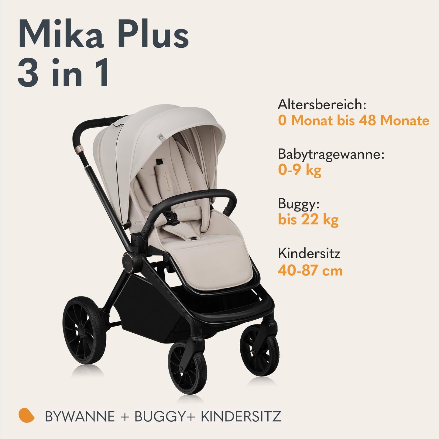 Lionelo Mika Plus 3-ühes vankrikomplekt, Beige Sand