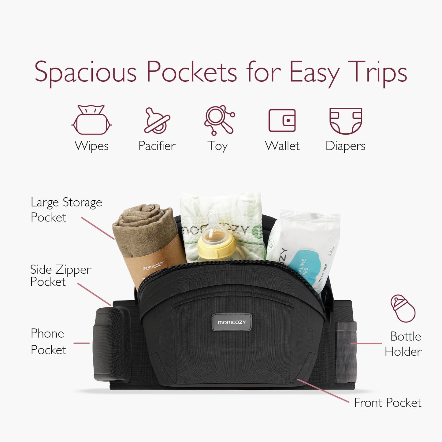 Momcozy ergonoomiline puusavöö beebi ja väikelapse kandmiseks, kuni 20 kg, must (L)