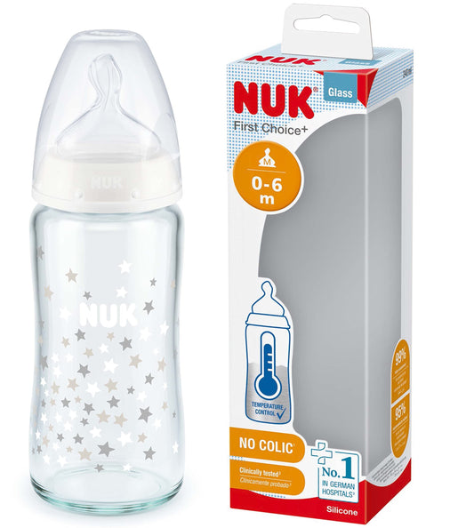 NUK First Choice+ klaasist lutipudel temperatuurinäidikuga, 240 ml
