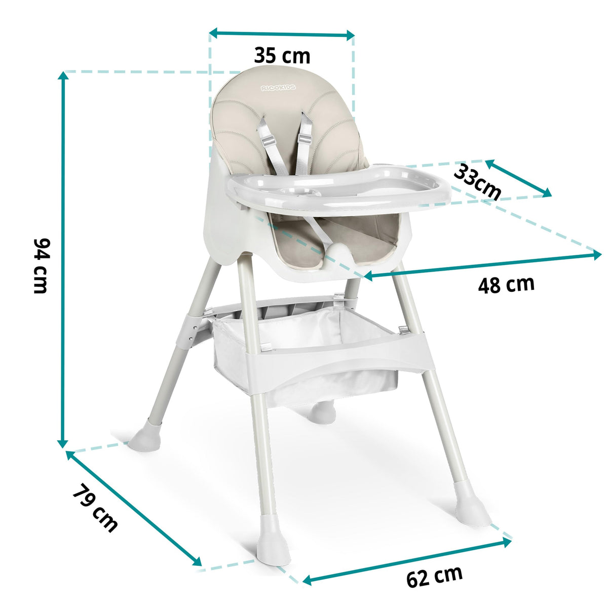 Ricokids syöttötuoli 3in1 6+ kk, kokoontaitettava, korkeussäädettävä, harmaa