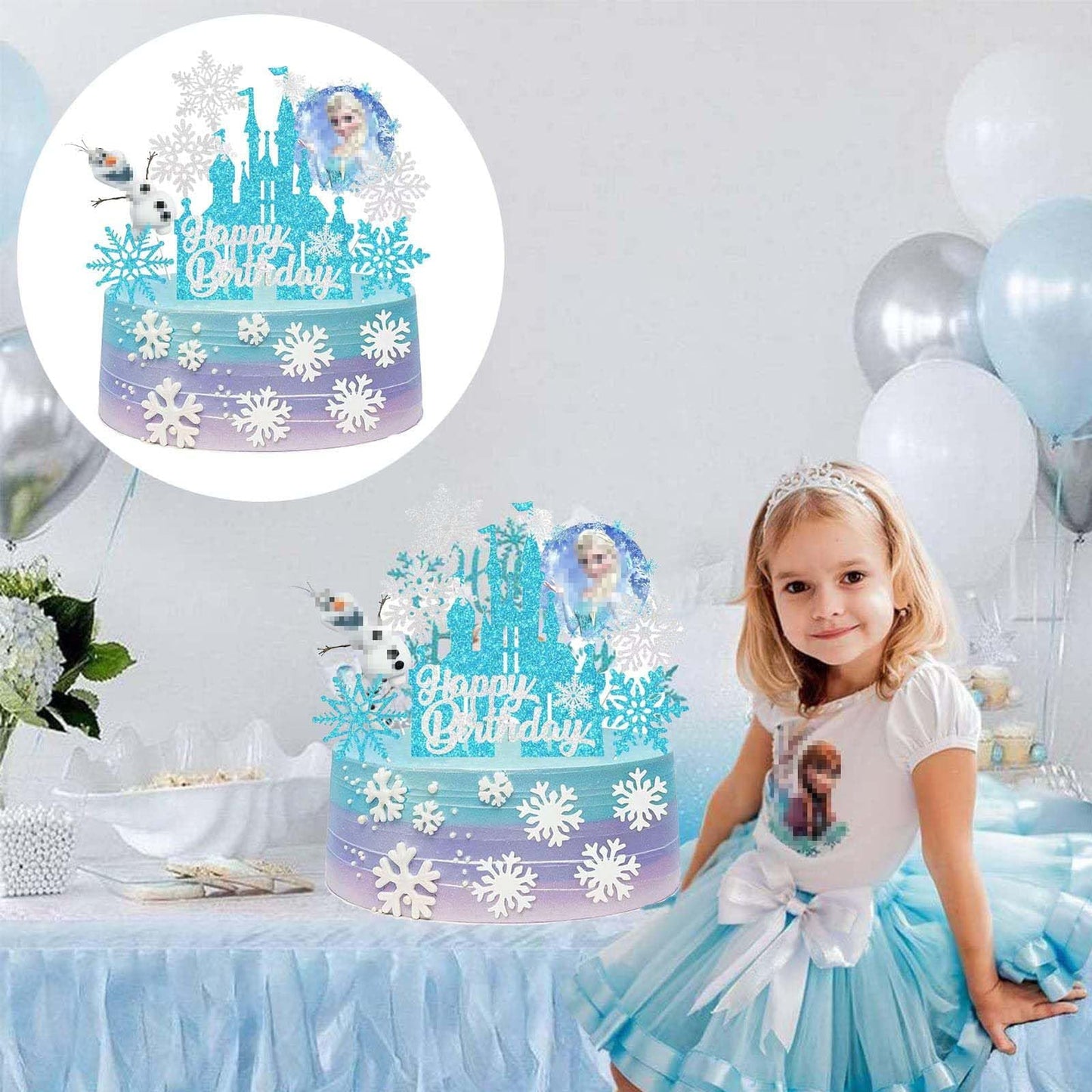 Dinghaole „Frozen” tordikaunistused tüdrukutele, 8 tk – lumehelbe teemaline sünnipäevakomplekt