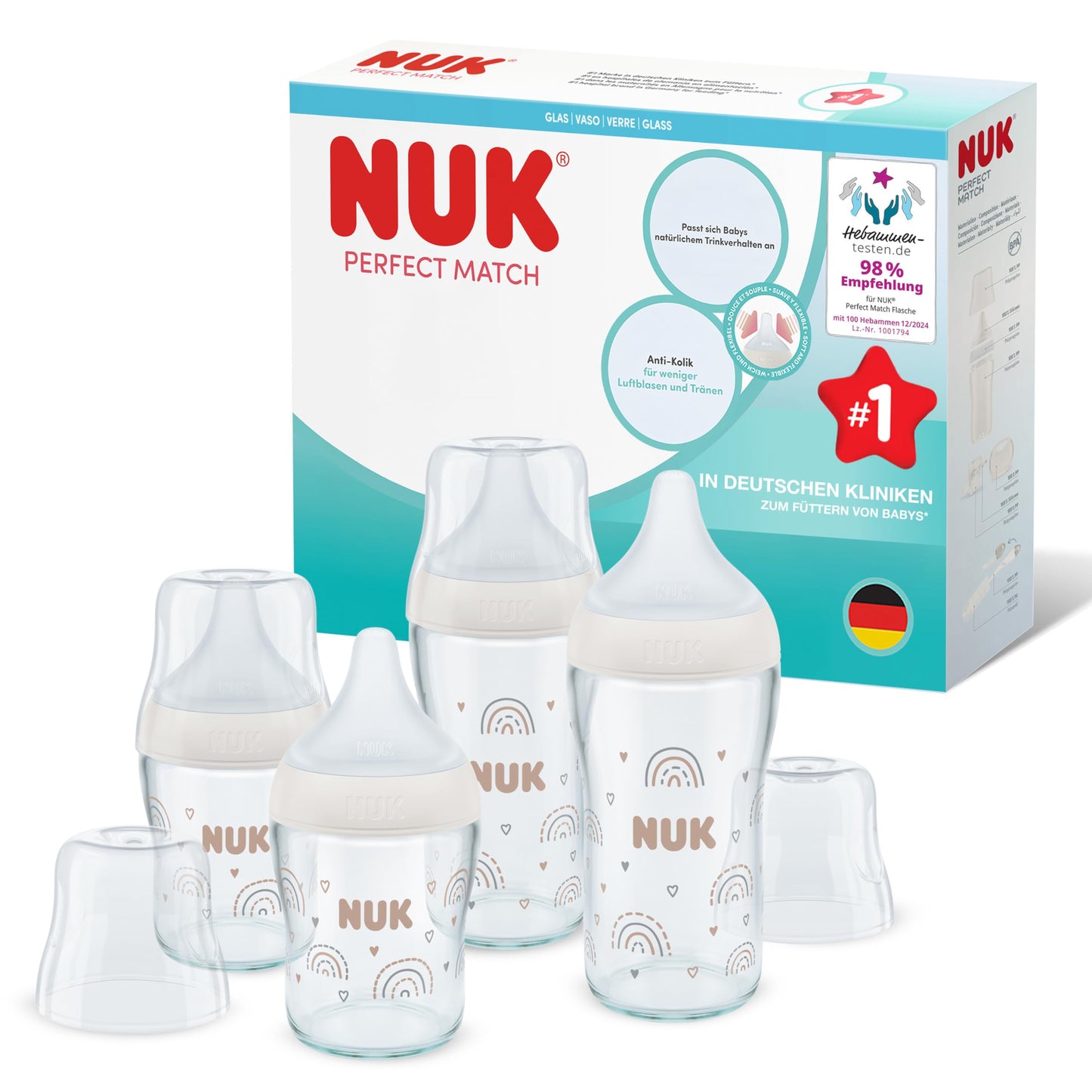 NUK Perfect Match klaasist lutipudelite komplekt, 4 tk (120 ml ja 230 ml), vikerkaar