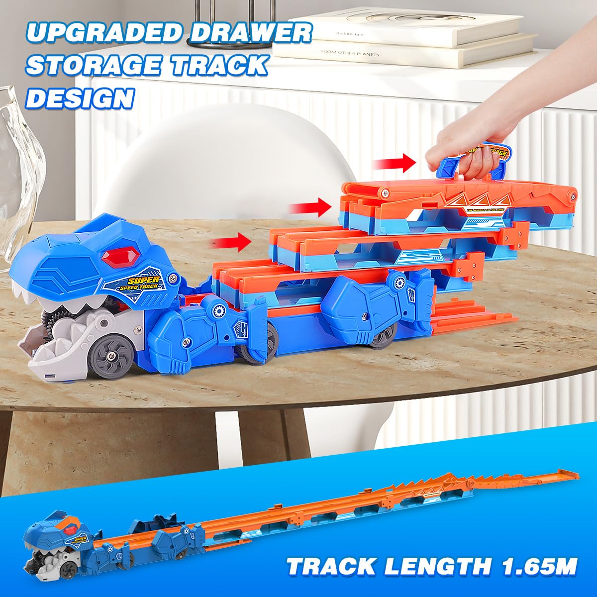 3-in-1 Dinosauruseteemaline transpordiveok ja rallirada 8 mudelautoga