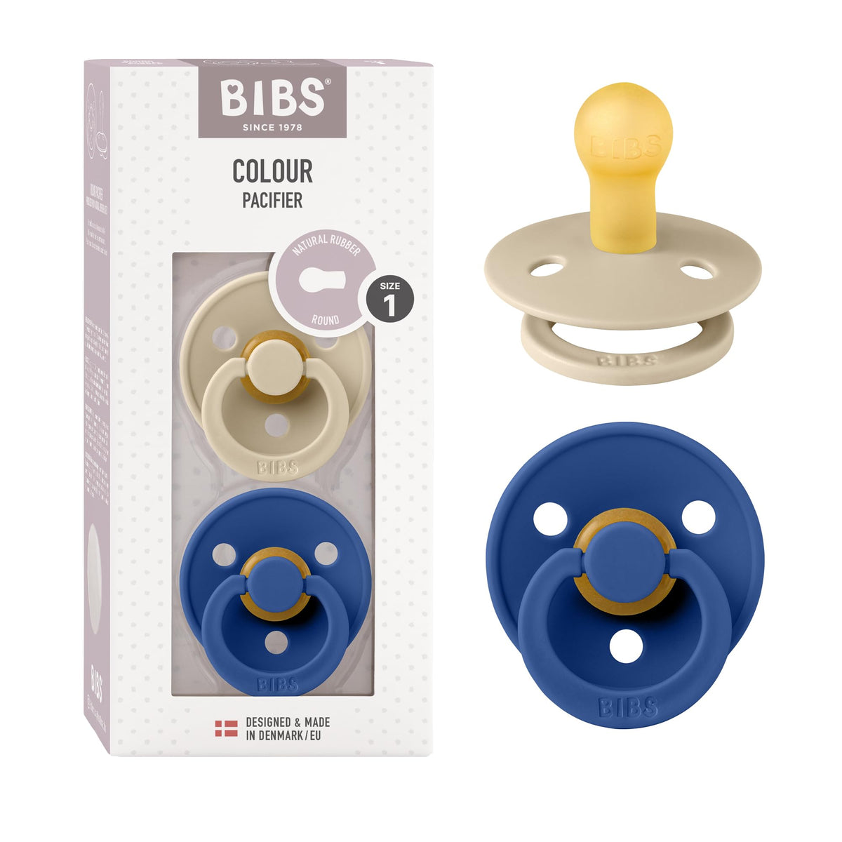 BIBS Colour lateksitutti koko 1 (0+ kk), kreeminvärinen/vaaleansininen (Vanilla/Cornflower), 2 kpl