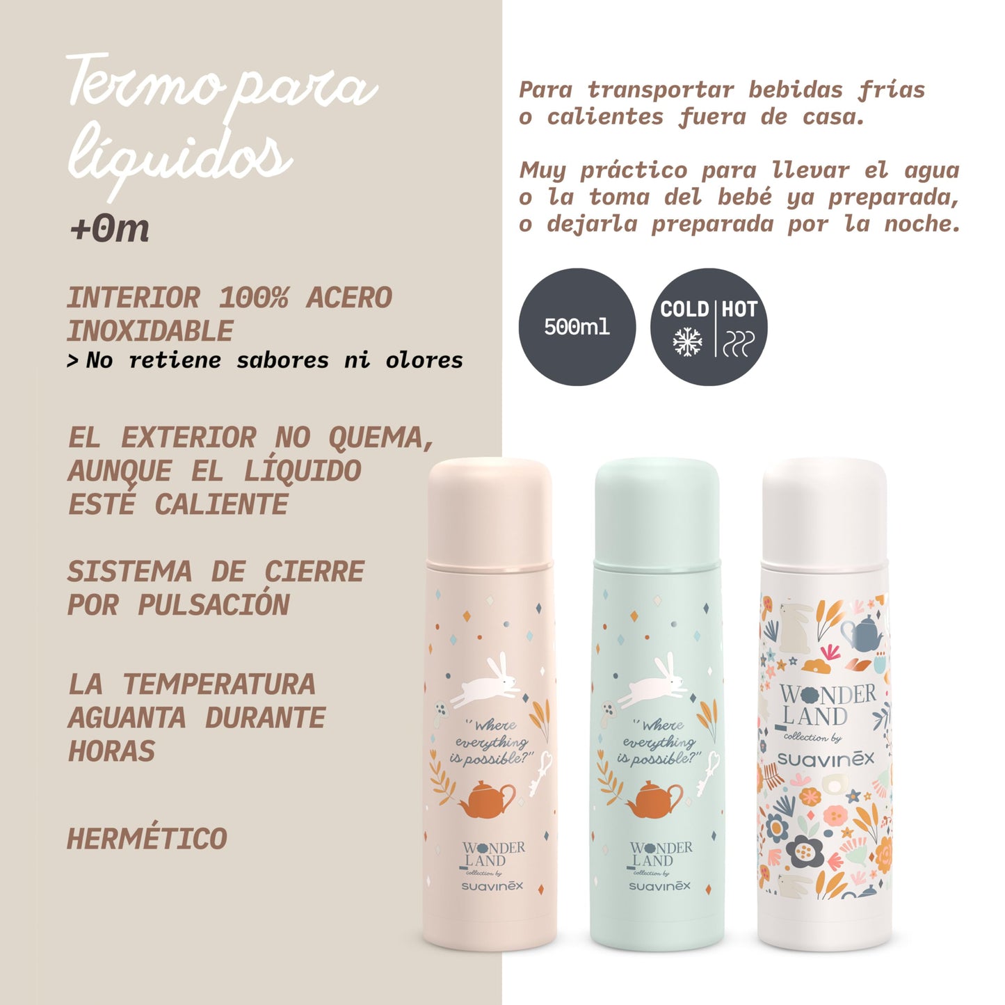 Suavinex roostevabast terasest termos 500 ml, roosa (Wonderland kollektsioon)