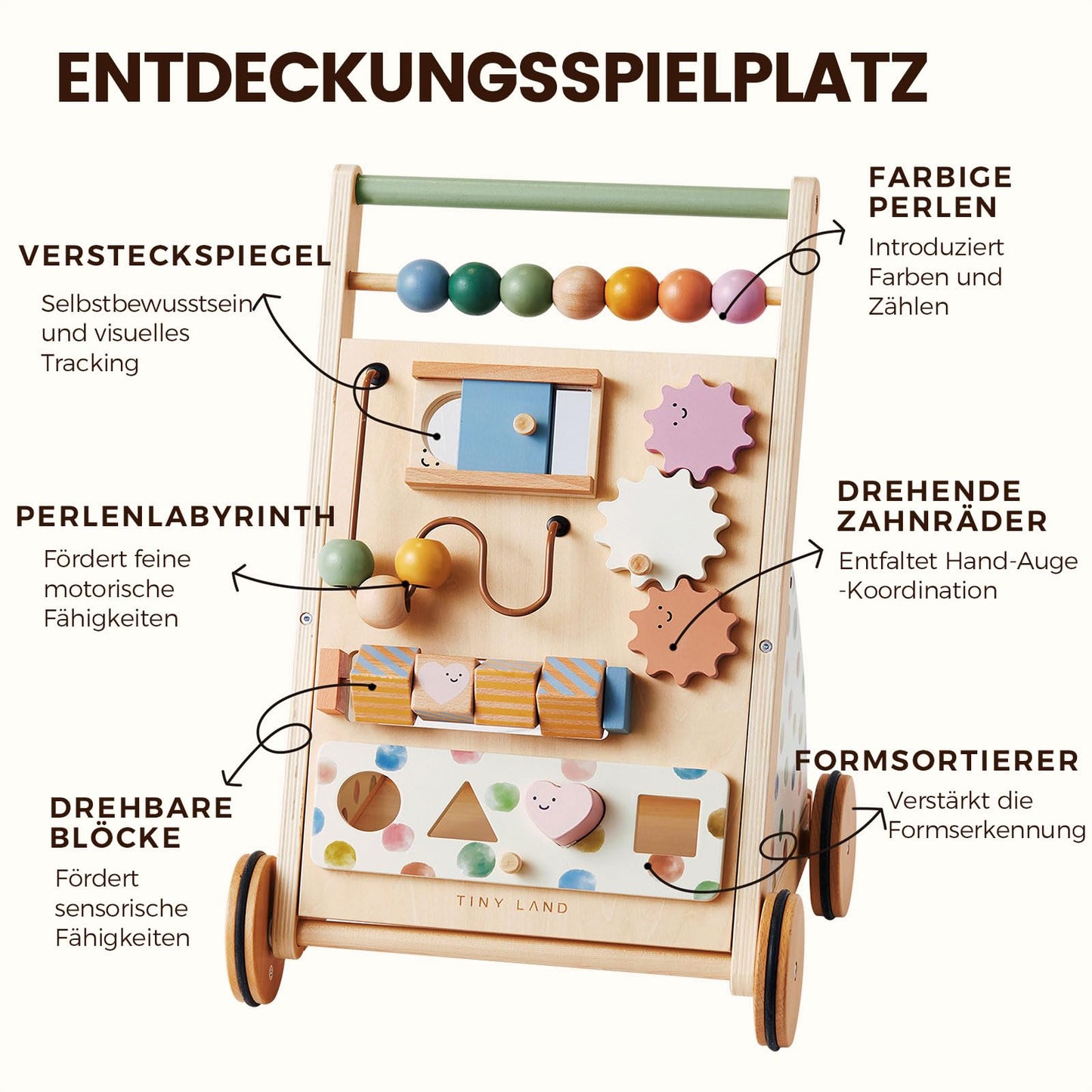 Tiny Land puidust käimistugi Baby Walker Set, värviline, reguleeritava kiirusega