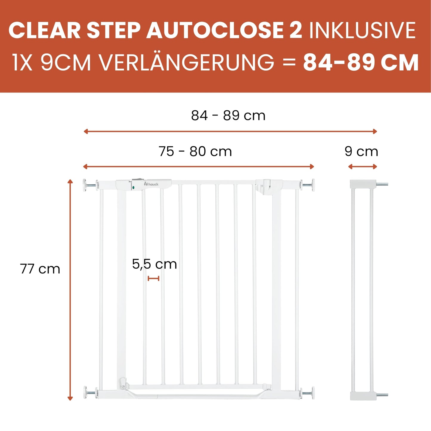 hauck turvavärav Clear Step Autoclose 2, White, 84-89 cm, 9 cm pikendus