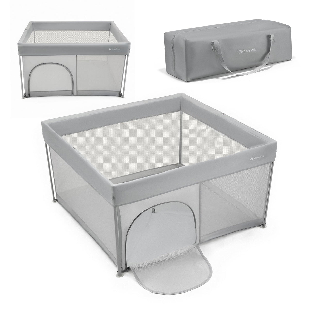 Kinderkraft ZIKI kokoontaitettava leikkikehä kantokassilla, harmaa (Grey), 126,5 × 126,5 cm