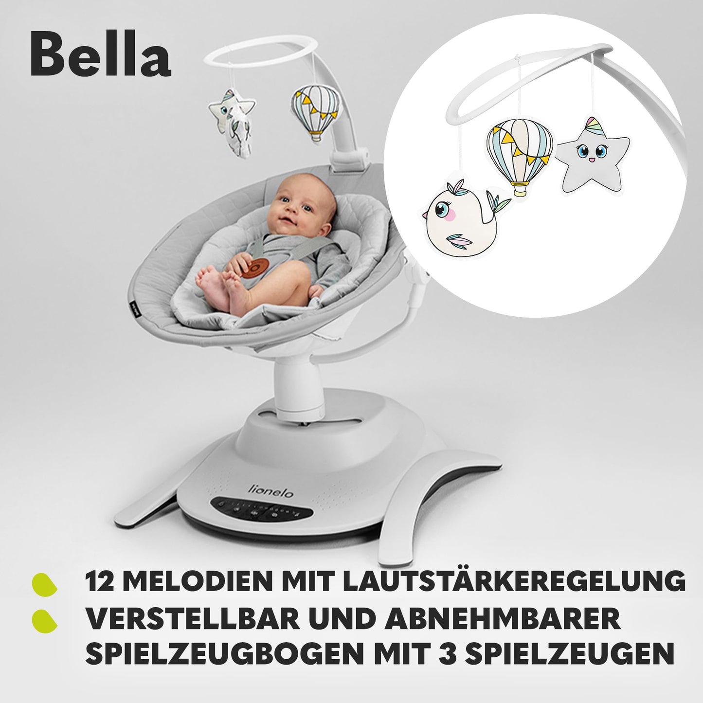 Lionelo Bella elektriline beebikiik 360° pöörleva istmega, helehall
