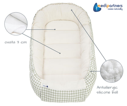 Medi Partners beebipesa 100 × 60 cm – puuvillane kookon, Grid with Olive Waffle