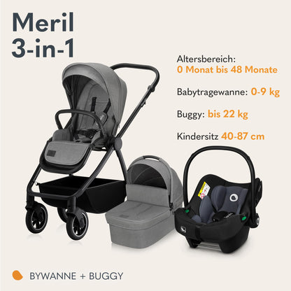 Lionelo MERIL 3-ühes vanker LO-MERIL 3IN1, hall, 0-48 kuud