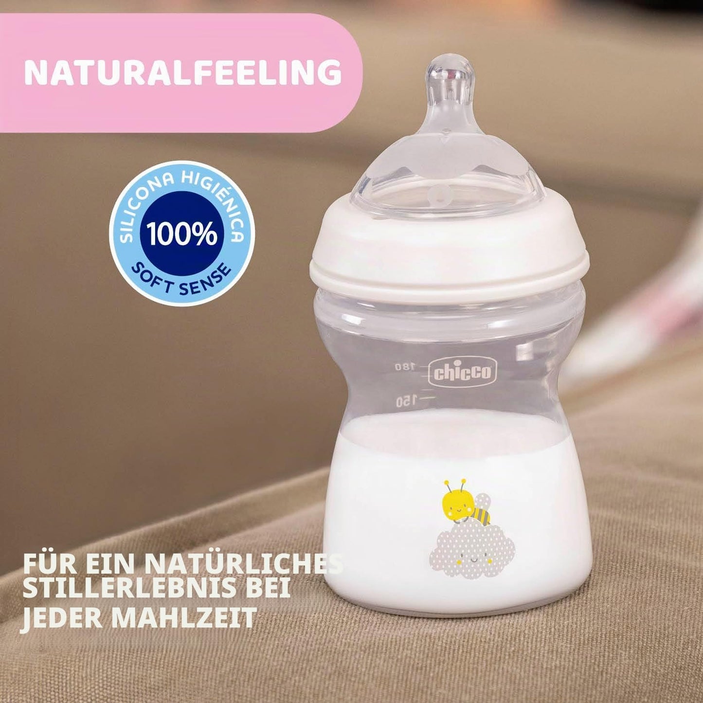 Chicco Natural Feeling lutipudel Anti-Kolik 250 ml, 2+ kuud, pehme silikoonist lutt