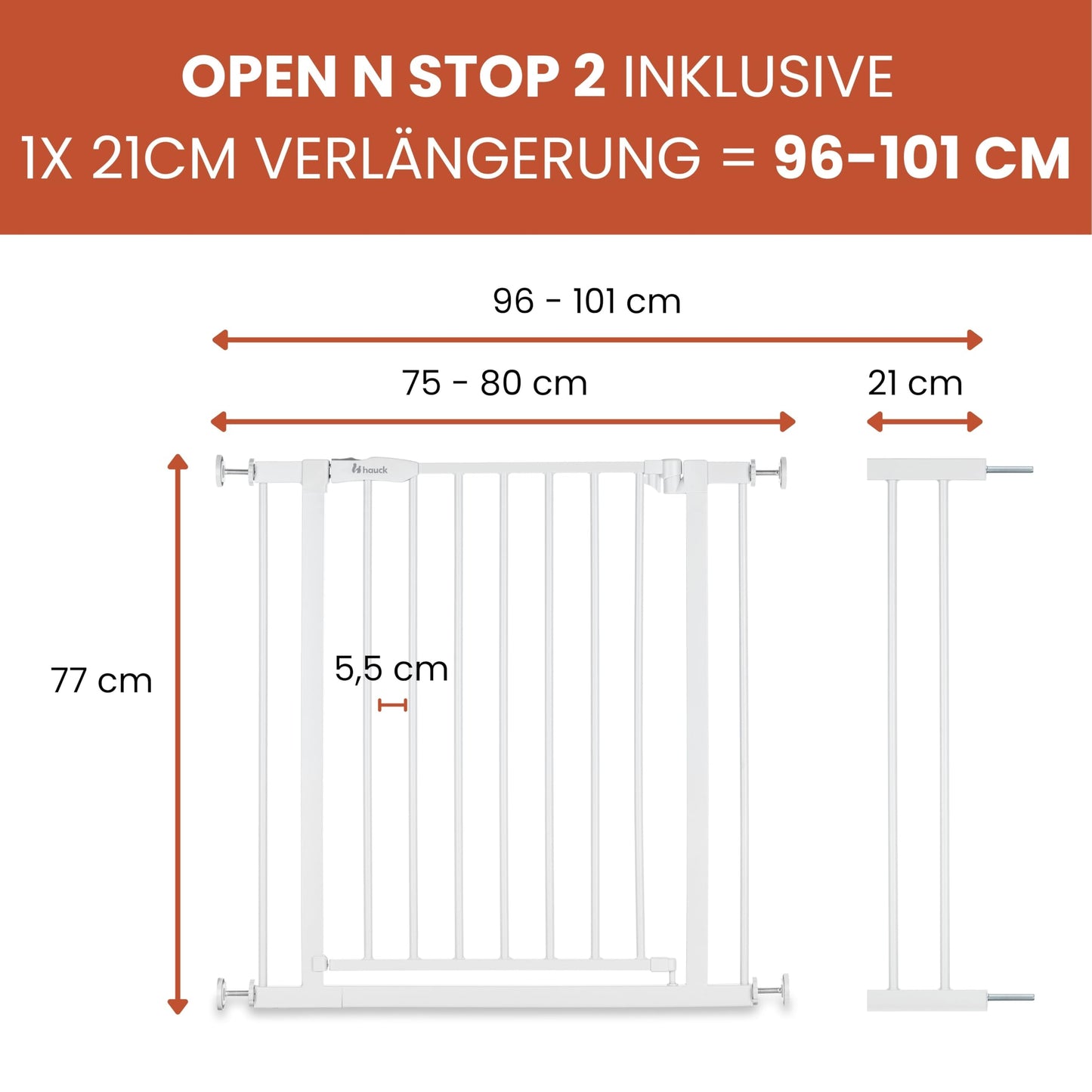 hauck turvavärav Open N Stop 2, valge, 96–101 cm, 21 cm pikendus