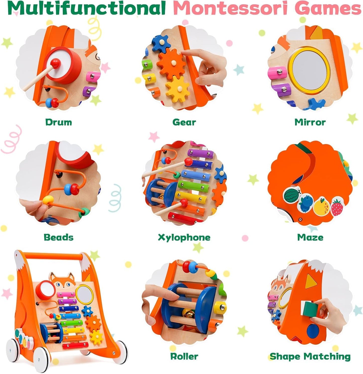Puidust käimistugi 1+ muusika ja arendavate tegevustega, Montessori stiilis