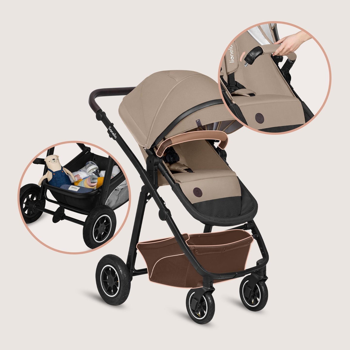 Lionelo Bianka 3-in-1 vankrikomplekt õhkrehvidega– Beige Sand