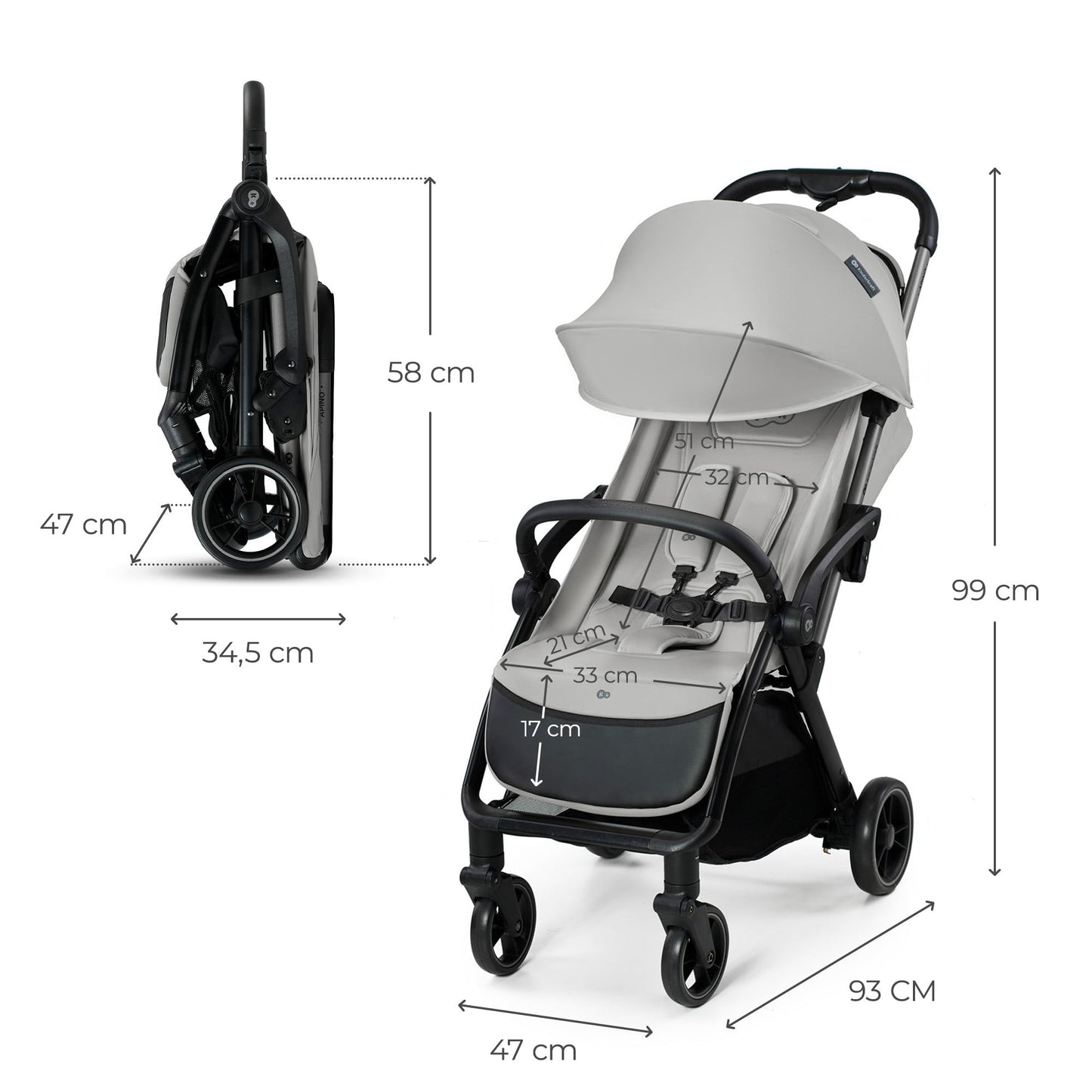 Kinderkraft APINO kerge jalutuskäru kuni 24 kg, auto-fold süsteemiga, hall