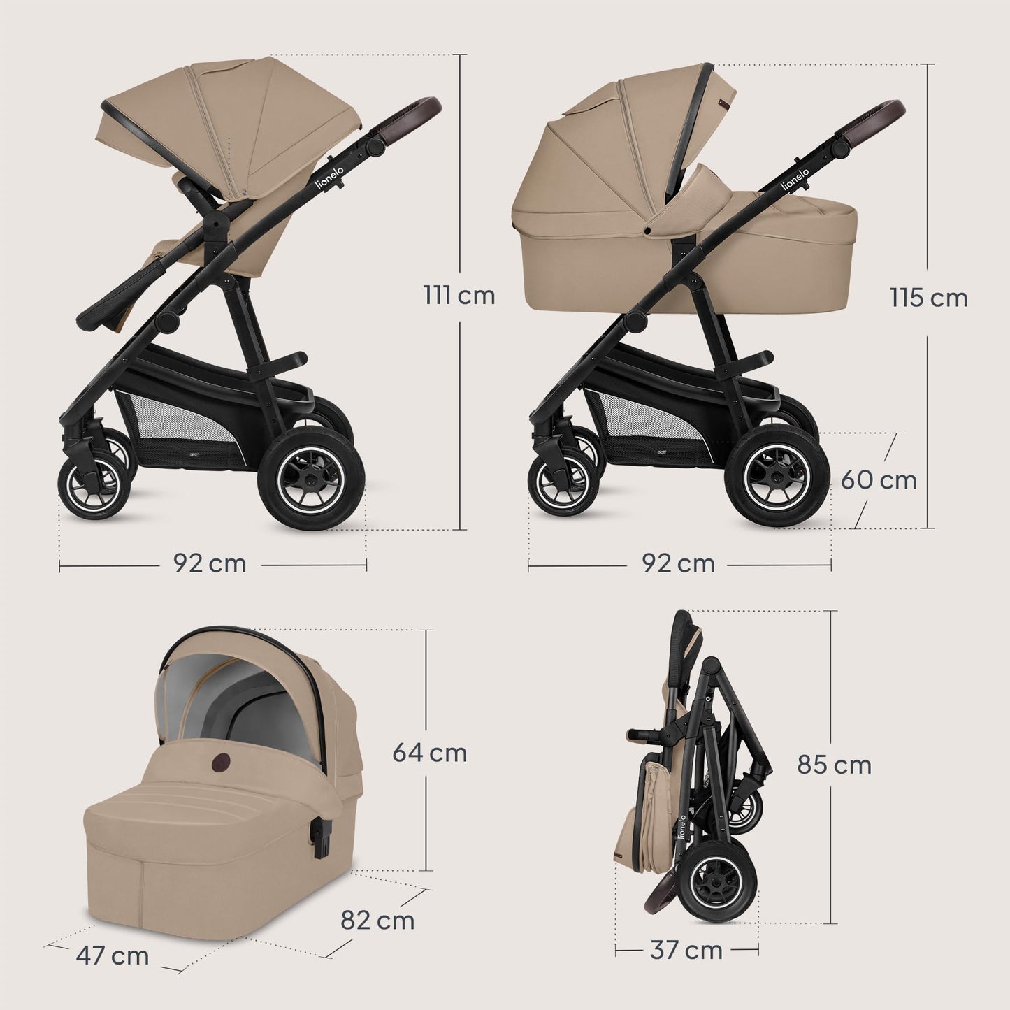 Lionelo Bianka 3-in-1 vankrikomplekt õhkrehvidega– Beige Sand