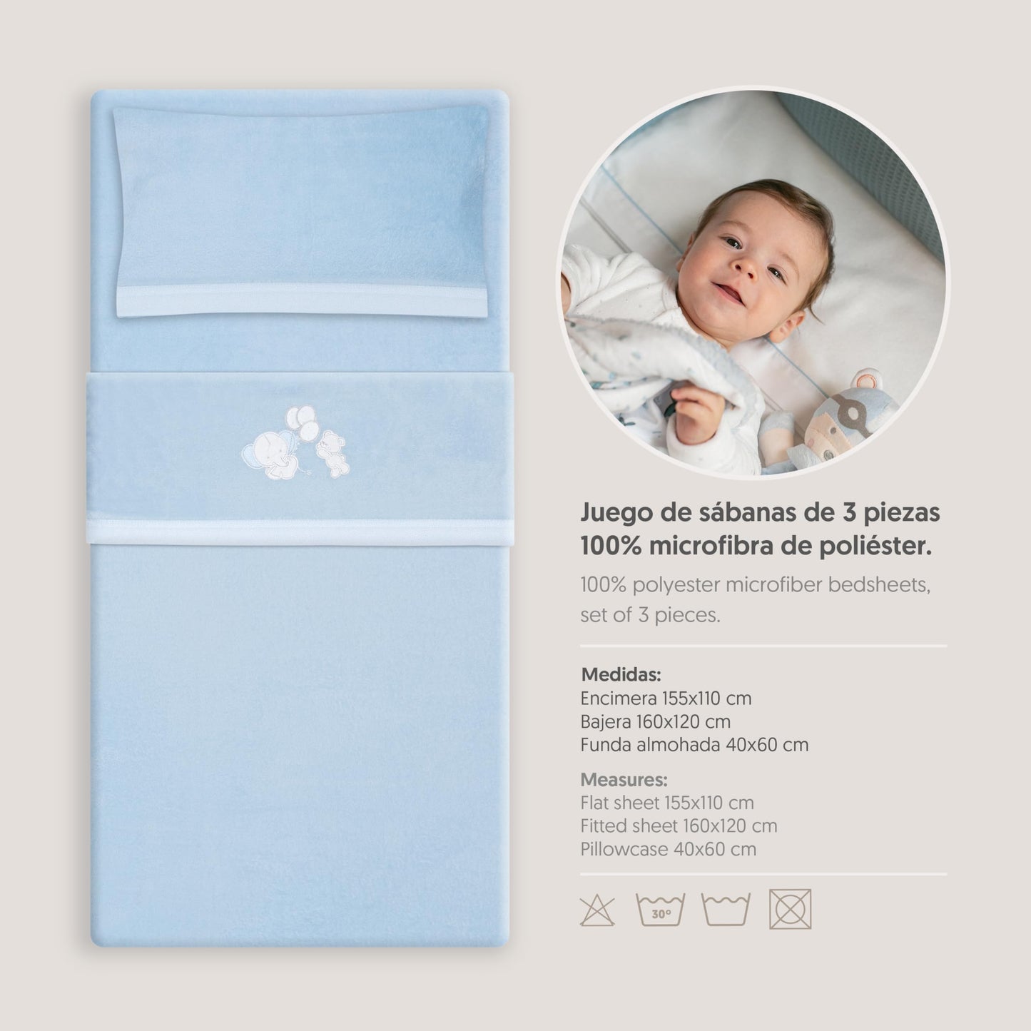 Interbaby talvine voodipesukomplekt 60 × 120 cm, Coralina, Elephant Balloon sinine