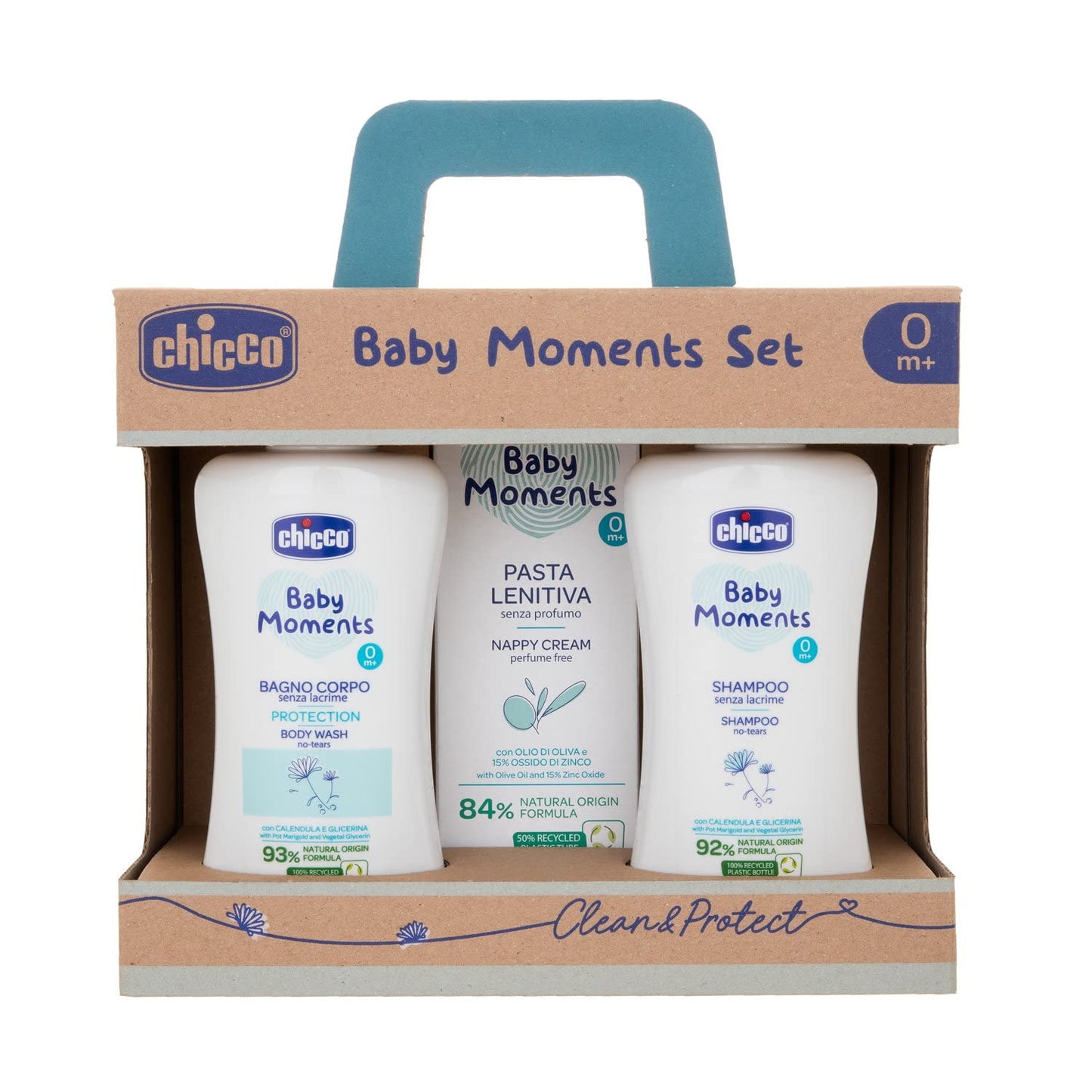 Chicco Baby Moments beebihoolduskomplekt vastsündinutele (dušigeel, šampoon ja mähkmekreem)