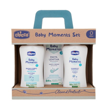 Chicco Baby Moments beebihoolduskomplekt vastsündinutele (dušigeel, šampoon ja mähkmekreem)