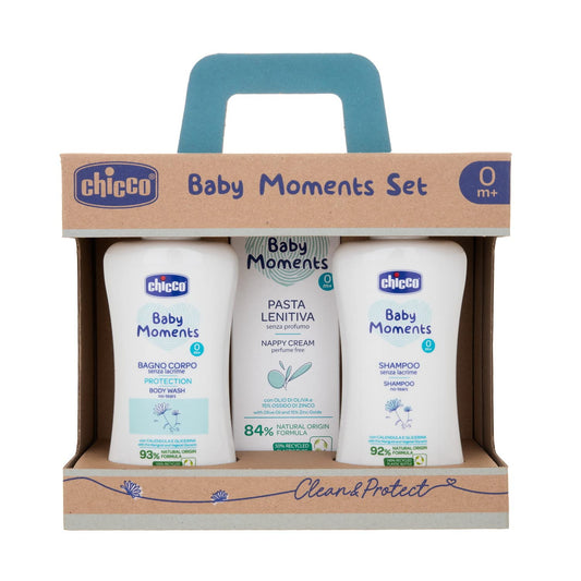 Chicco Baby Moments beebihoolduskomplekt vastsündinutele (dušigeel, šampoon ja mähkmekreem)