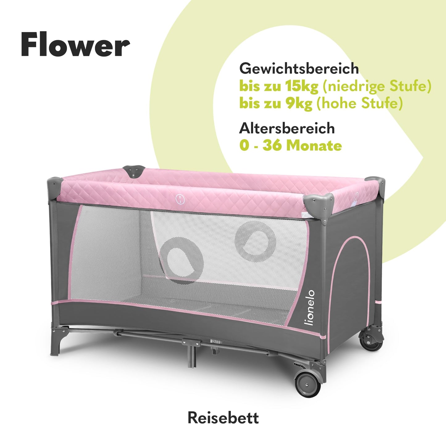 Lionelo Flower 4in1 reisivoodi Flamingo, külgava, mähkimislaud ja 2 madratsikõrgust