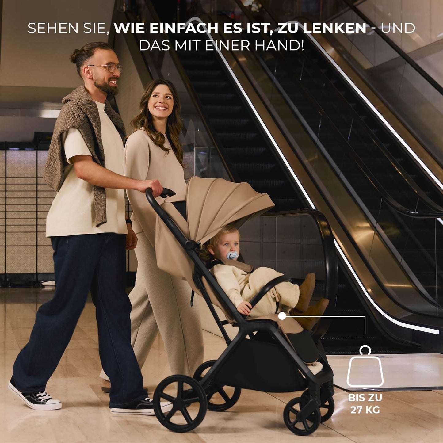 Kinderkraft LOOM kompaktne ja kerge jalutuskäru, automaatne kokkupanek, beige