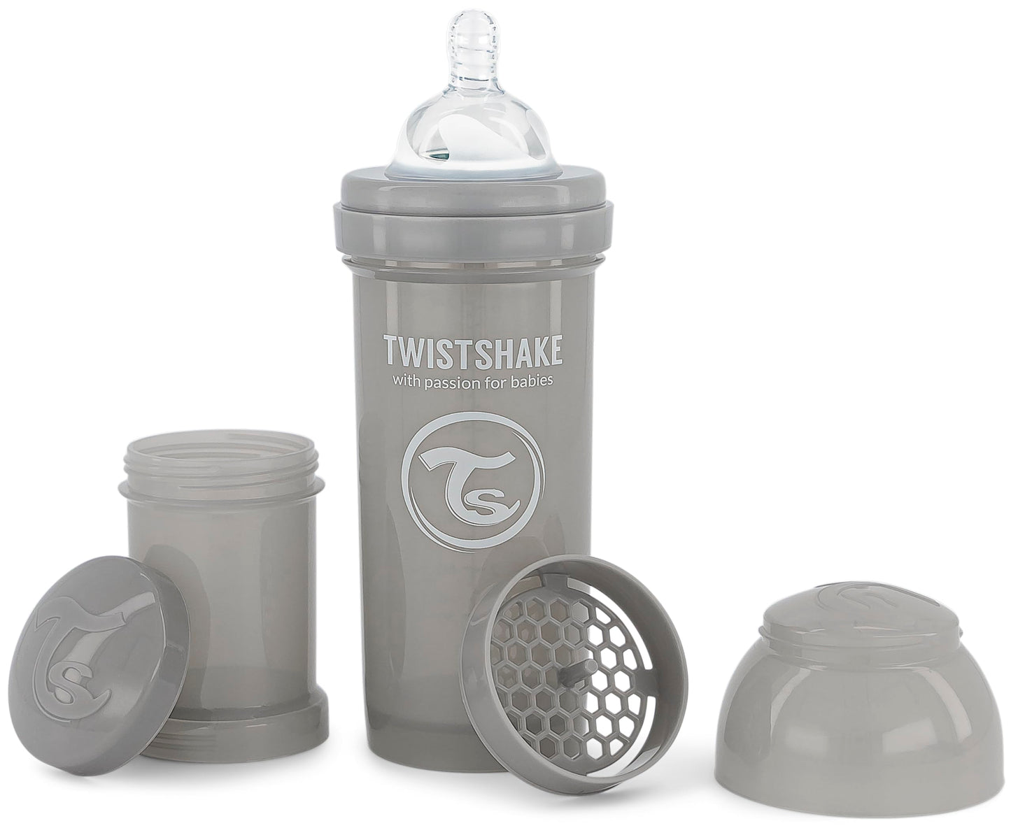 Twistshake koolikuvastane lutipudel 260 ml + piimapulbri konteiner, hall