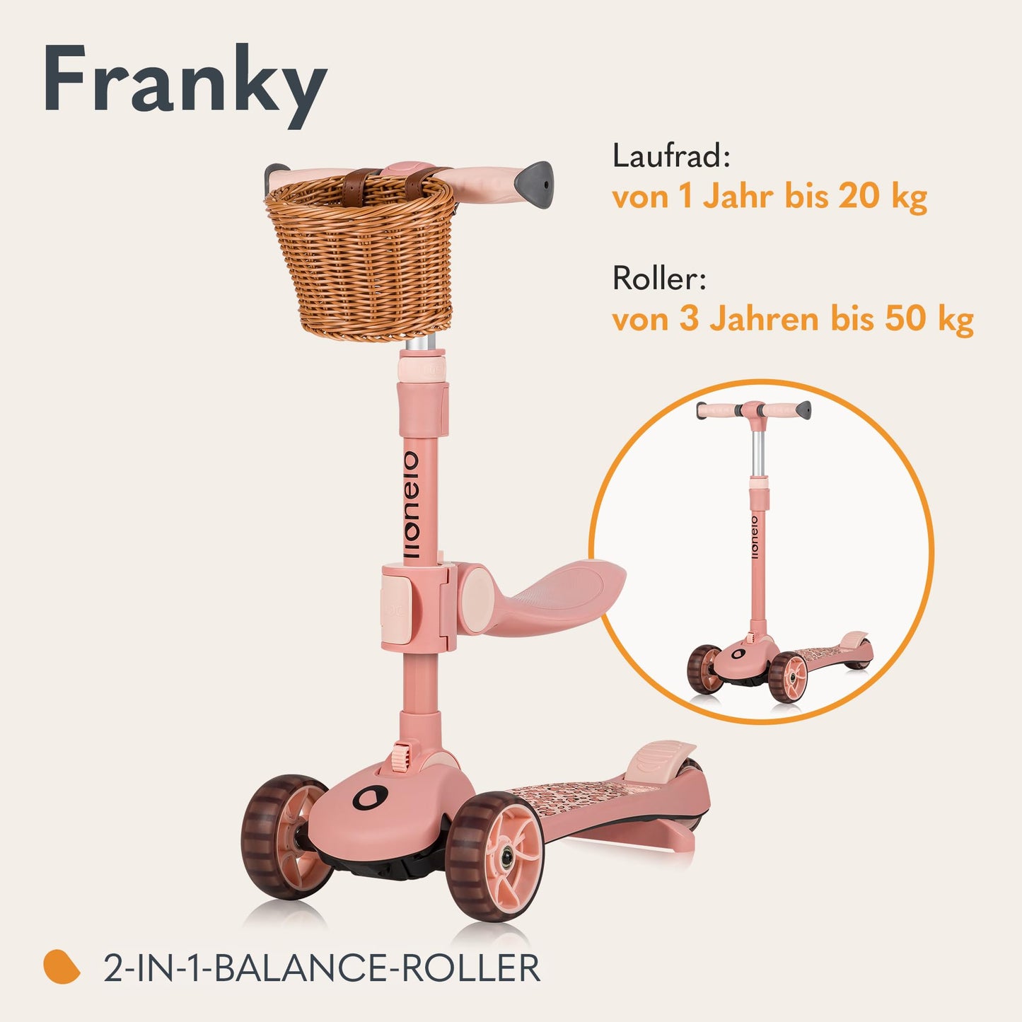 Lionelo Franky 2-in-1 tõukeratas ja jooksuratas, roosa, 1-3 a, LED-rattad