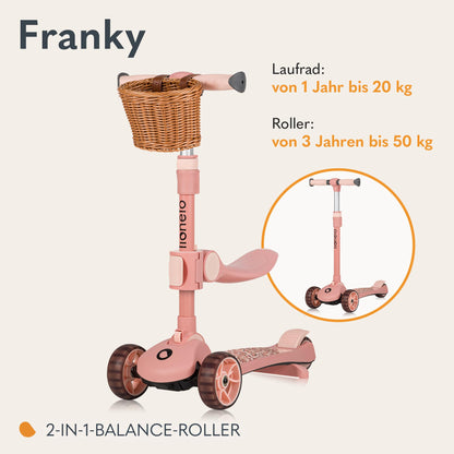 Lionelo Franky 2-in-1 tõukeratas ja jooksuratas, roosa, 1-3 a, LED-rattad