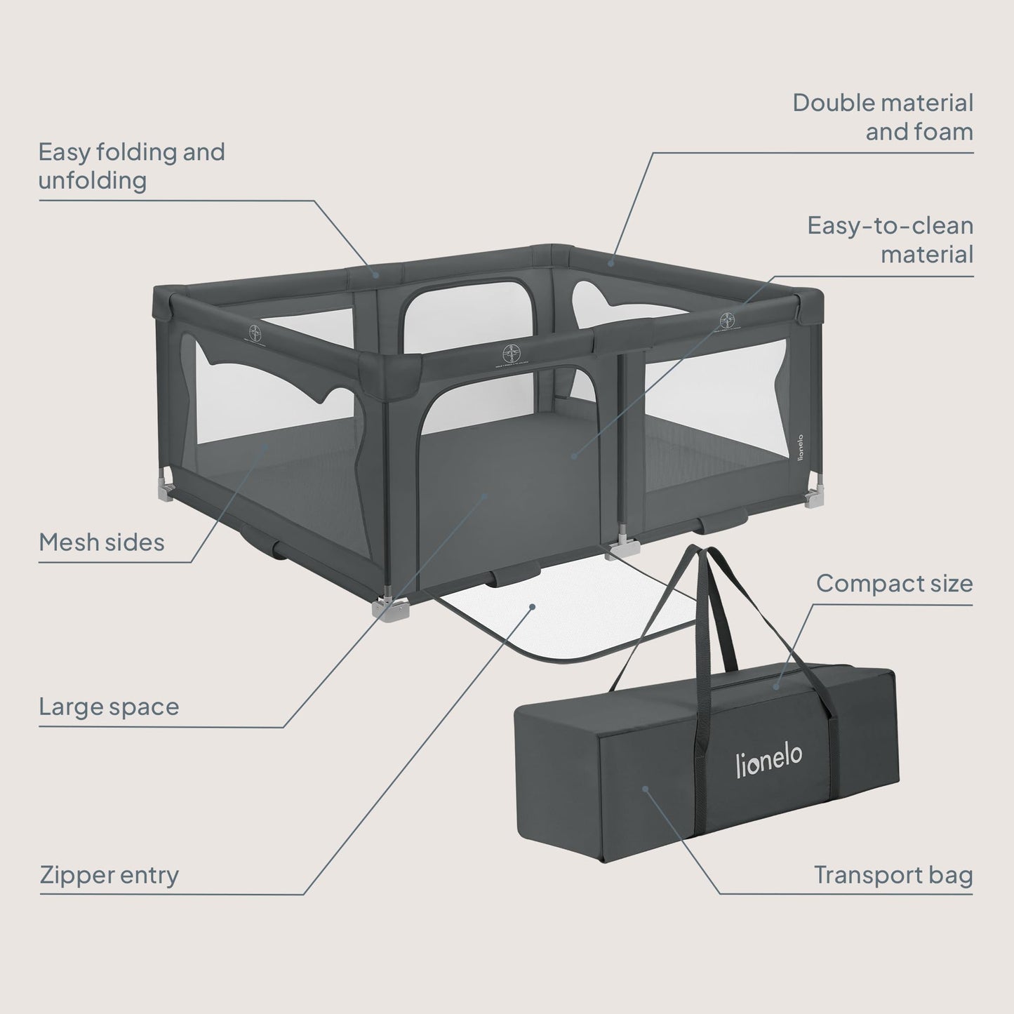Lionelo Florence Easy Fold XL kokkupandav mänguaedik 150 × 180 cm, hall