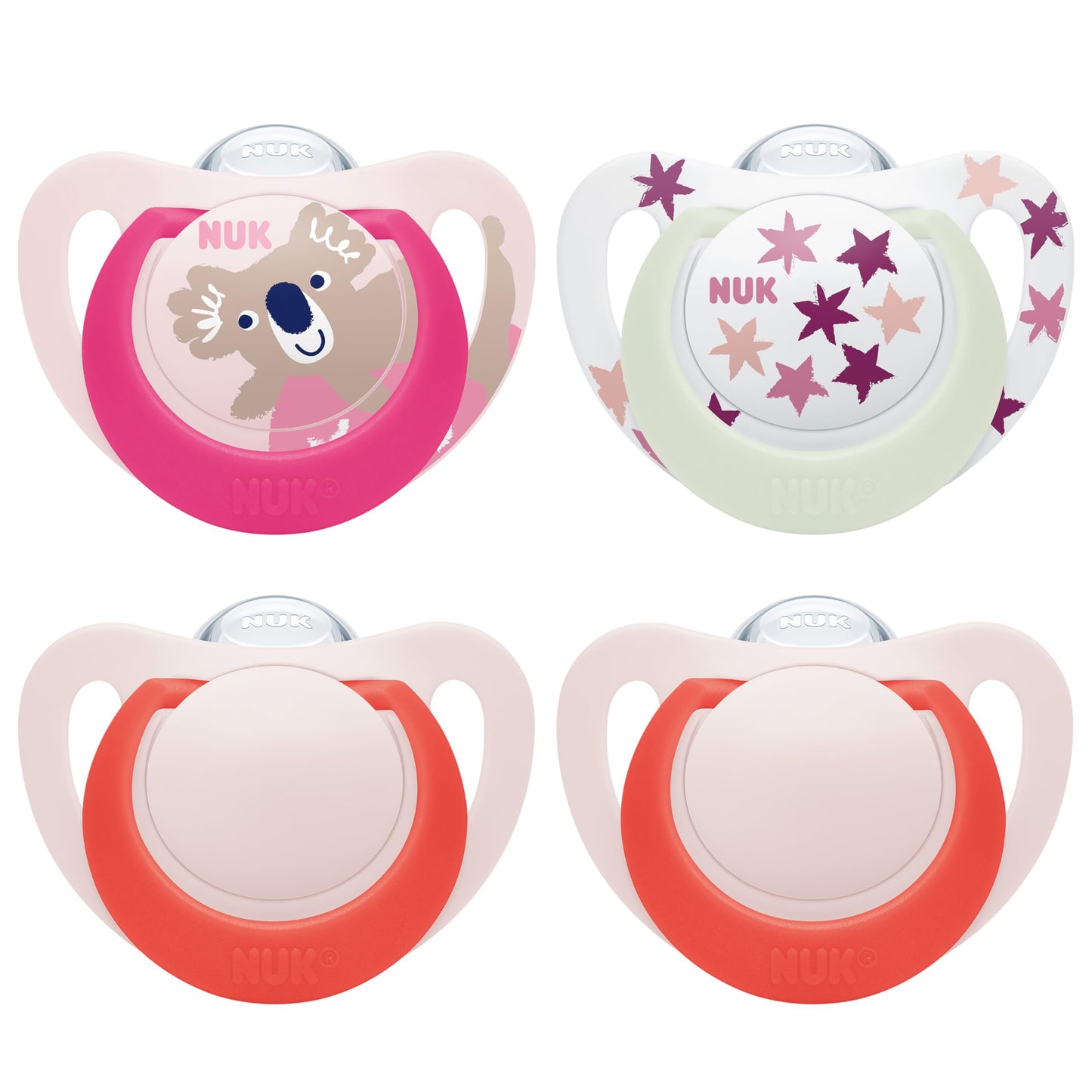 NUK Star Day & Night lutt 18–36 kuud, silikoon, pimedas helendav, 4 tk (roosa)
