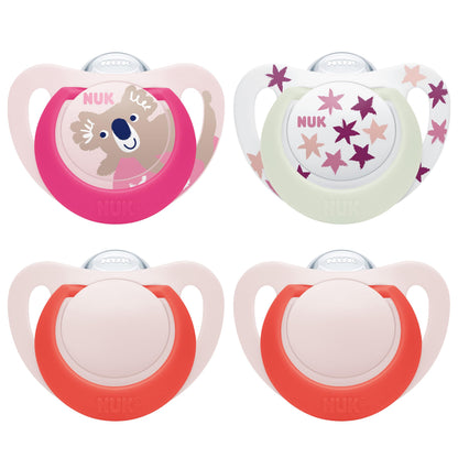NUK Star Day & Night lutt 18–36 kuud, silikoon, pimedas helendav, 4 tk (roosa)