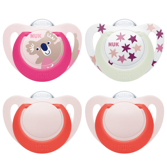NUK Star Day & Night lutt 18–36 kuud, silikoon, pimedas helendav, 4 tk (roosa)