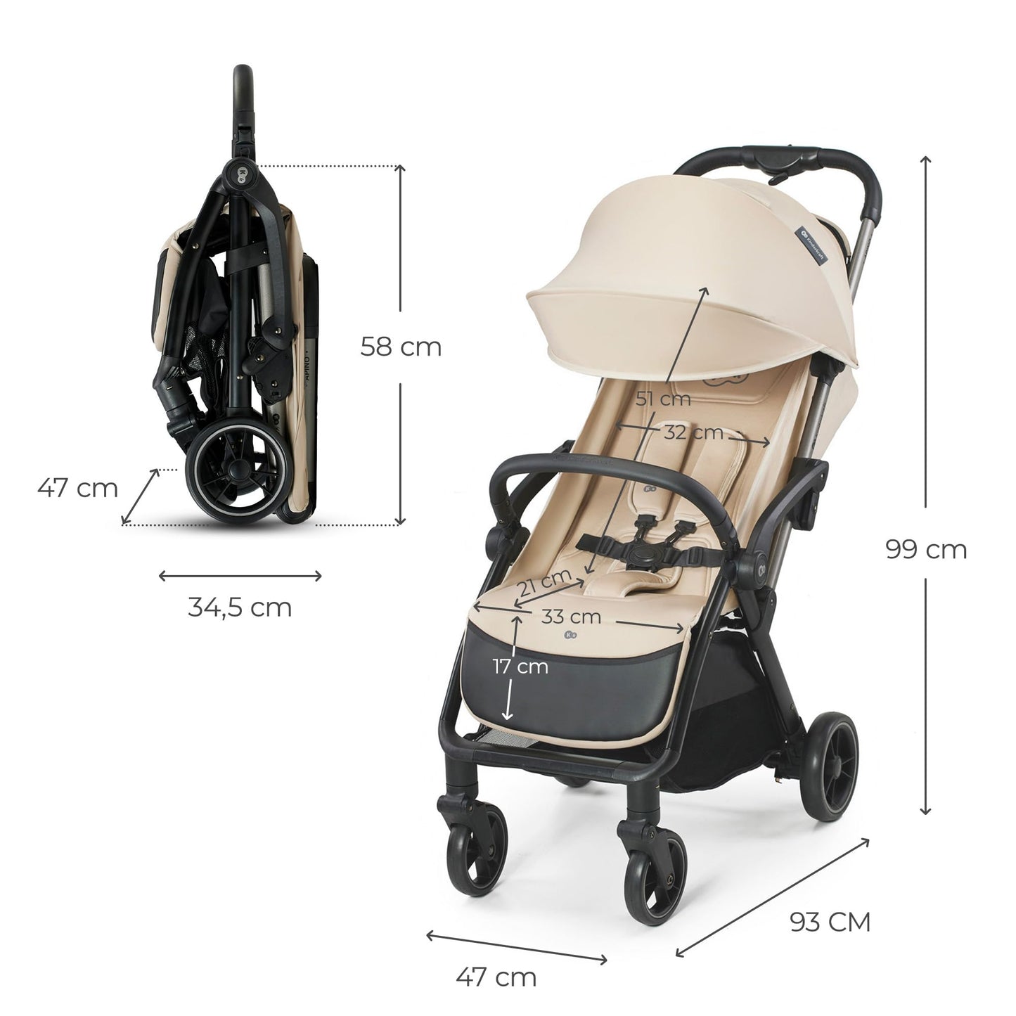 Kinderkraft APINO kerge jalutuskäru kuni 24 kg, auto-fold süsteemiga, beež