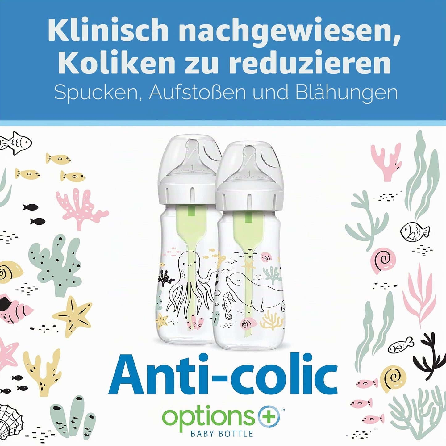 Dr. Brown's lutipudel Anti-Colic Weithals, 270 ml, 0+ kuud, Ocean, 2 tk
