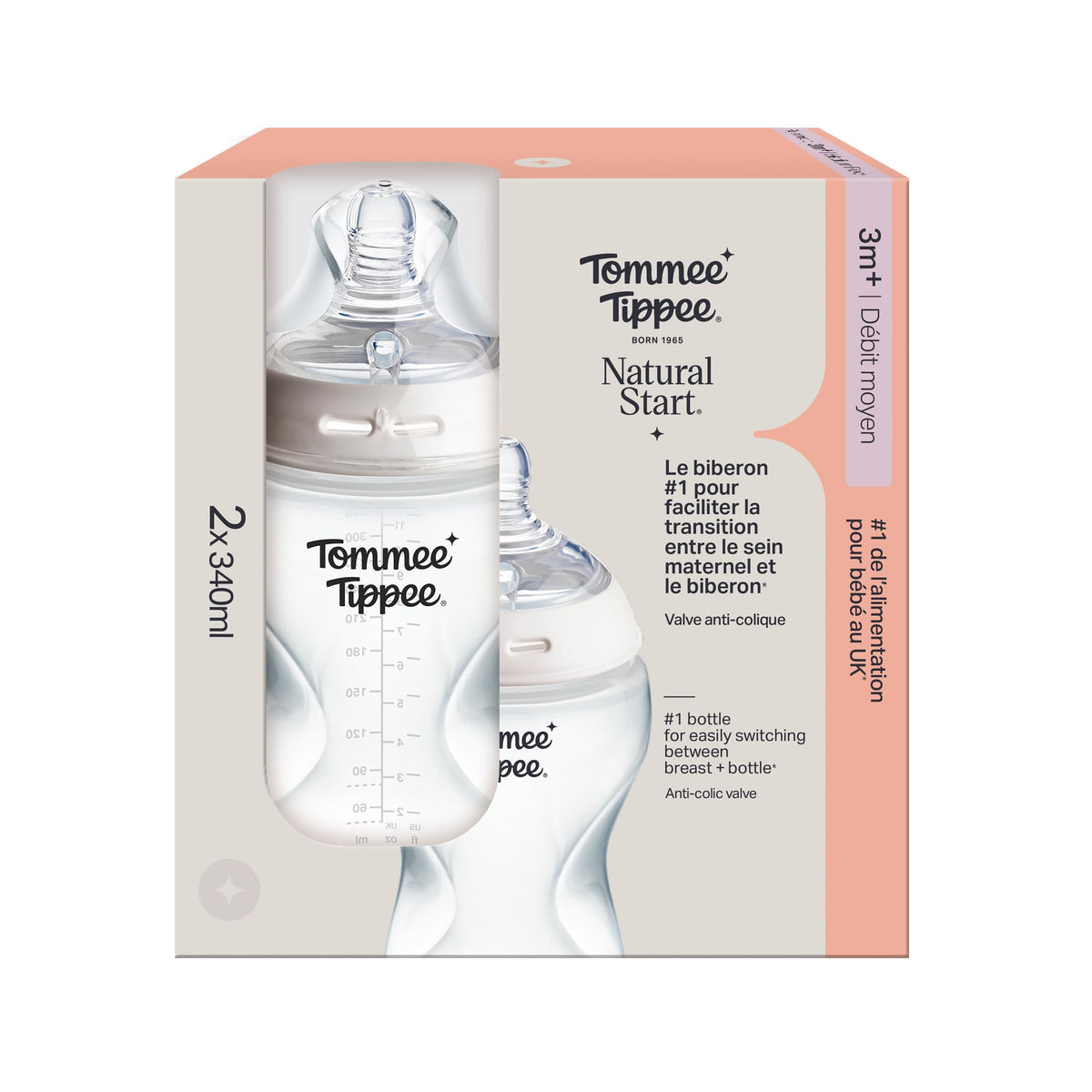 Tommee Tippee Natural Start koolikuvastane lutipudel 340 ml, 2 tk, keskmise vooluga, läbipaistev