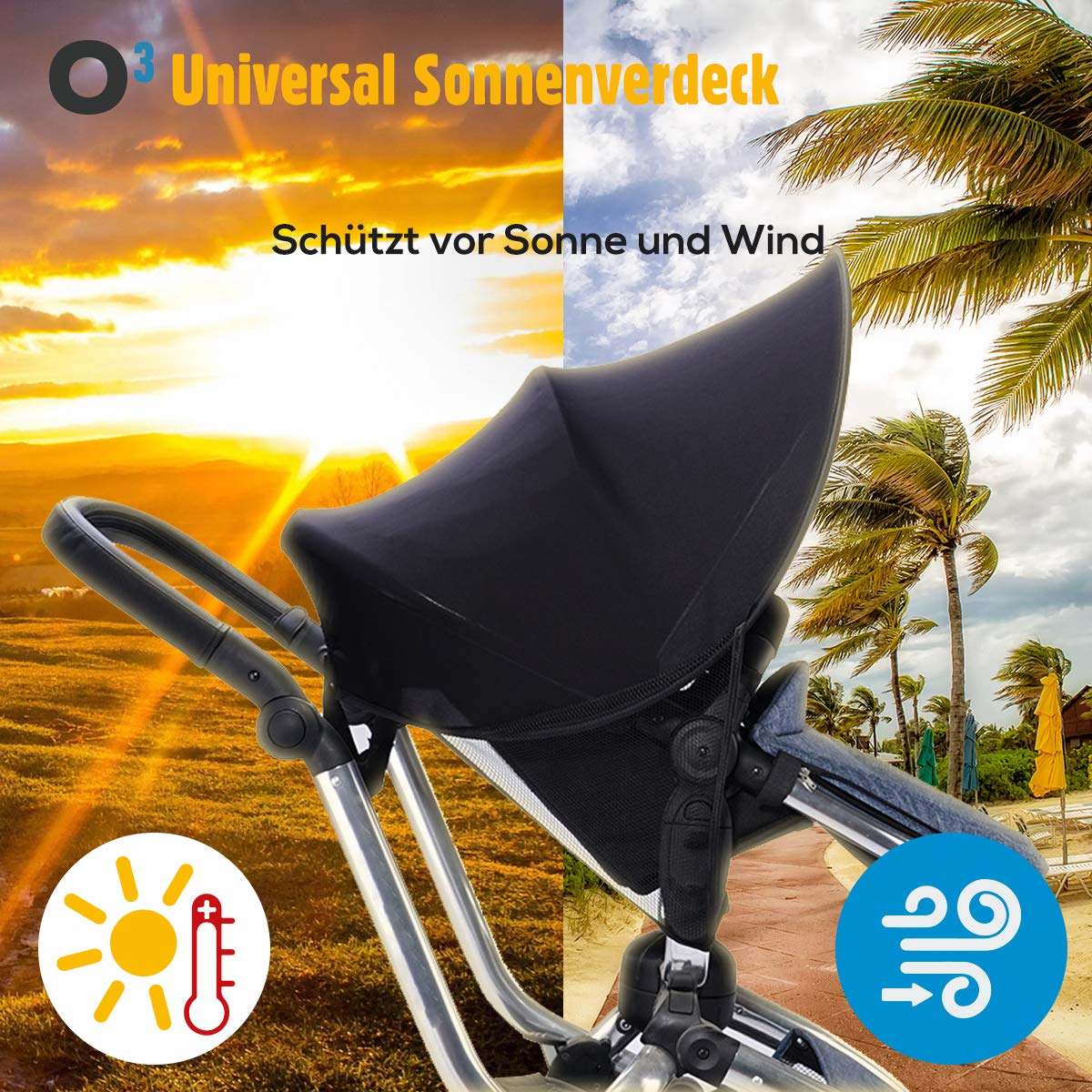 O³ universaalne vankri päikesevari UV-kaitsega 40+, pop-up, must