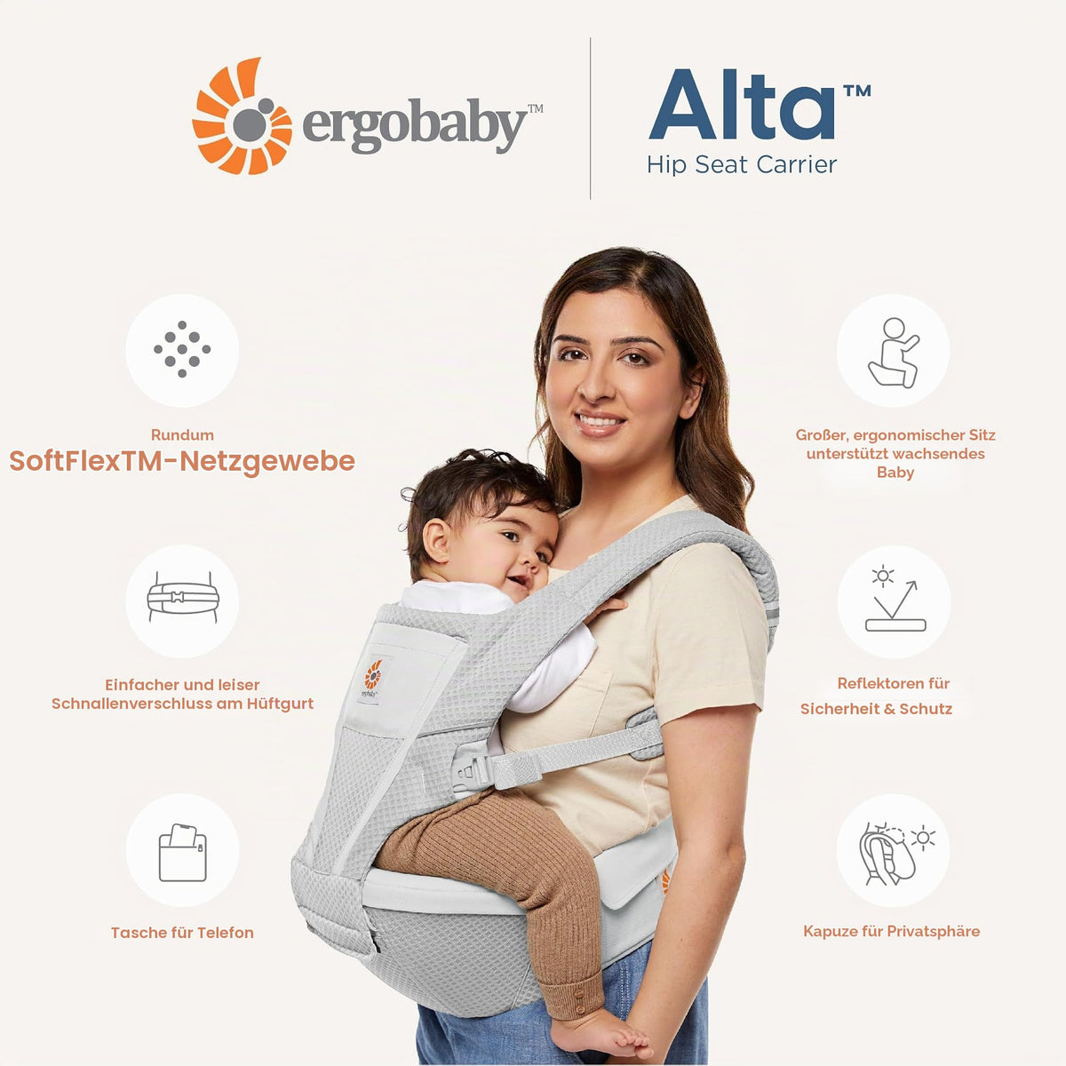 Ergobaby Alta Hip Seat -kantoreppu lantioistuimella, SoftFlex Mesh, 4–48 kuukautta, grafiitinharmaa