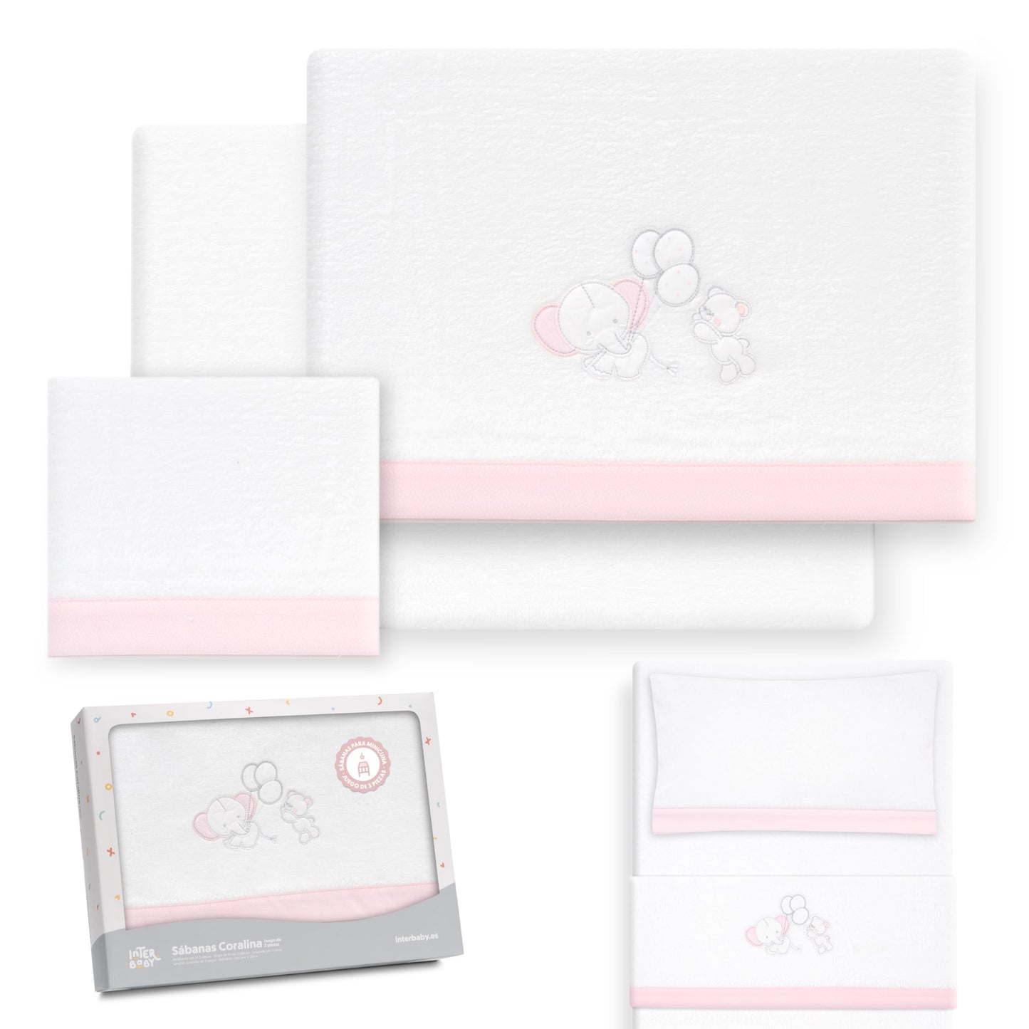 Interbaby talvine voodipesukomplekt 50 × 80 cm, Elephant Balloon valge/roosa