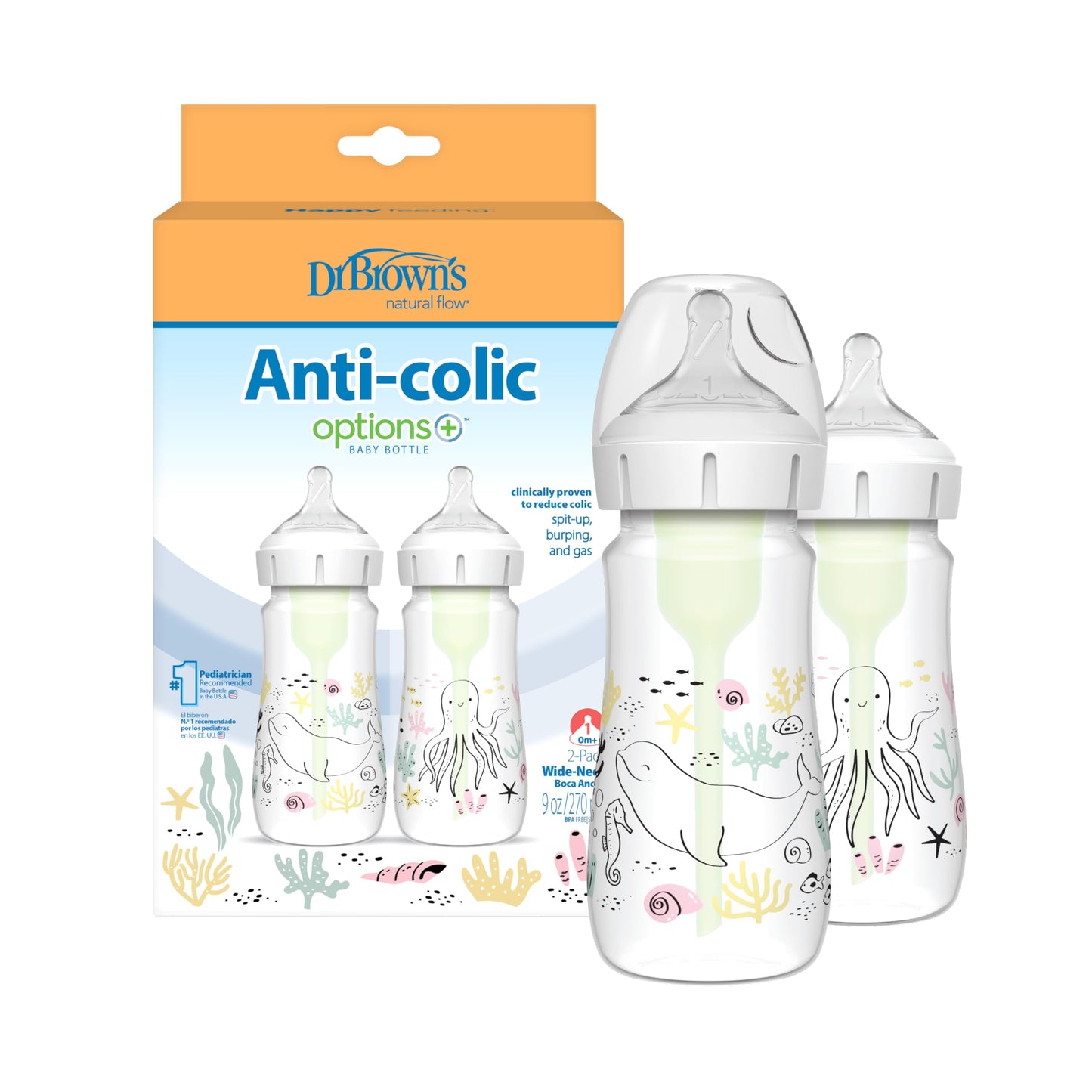 Dr. Brown's lutipudel Anti-Colic Weithals, 270 ml, 0+ kuud, Ocean, 2 tk