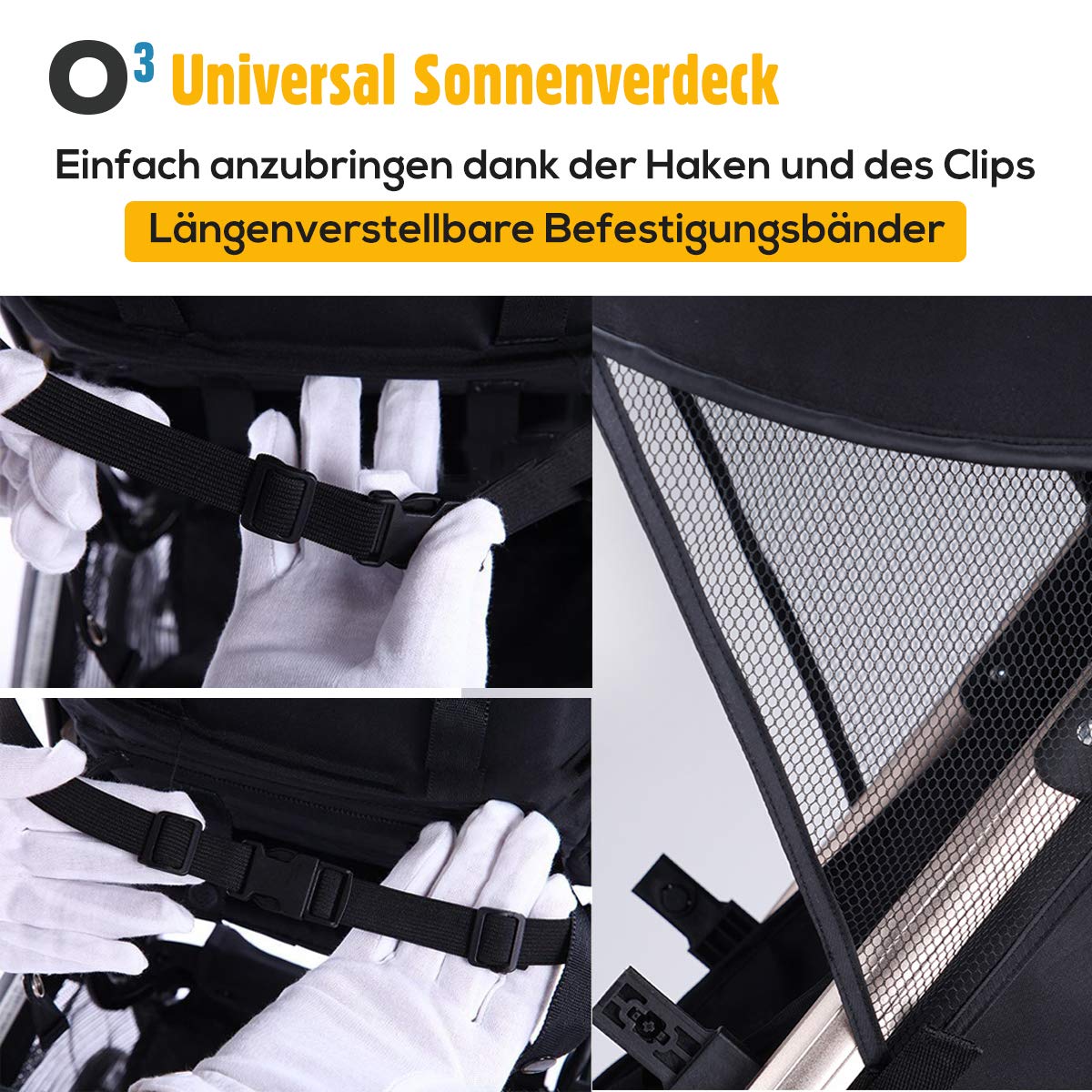 O³ universaalne vankri päikesevari UV-kaitsega 40+, pop-up, must