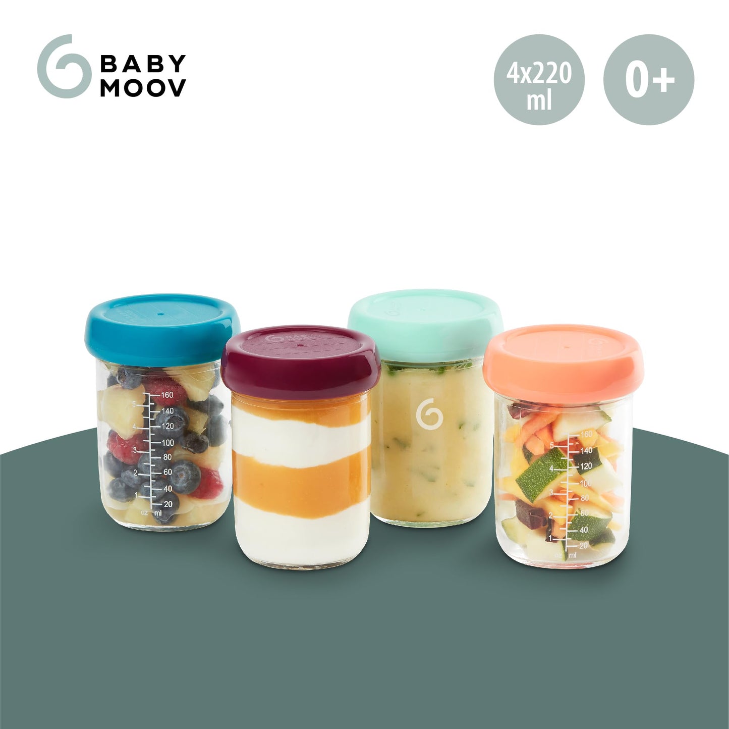 Babymoov klaasist beebitoidu säilituspurgid, 4 tk (220 ml), õhukindlad ja lekkekindlad