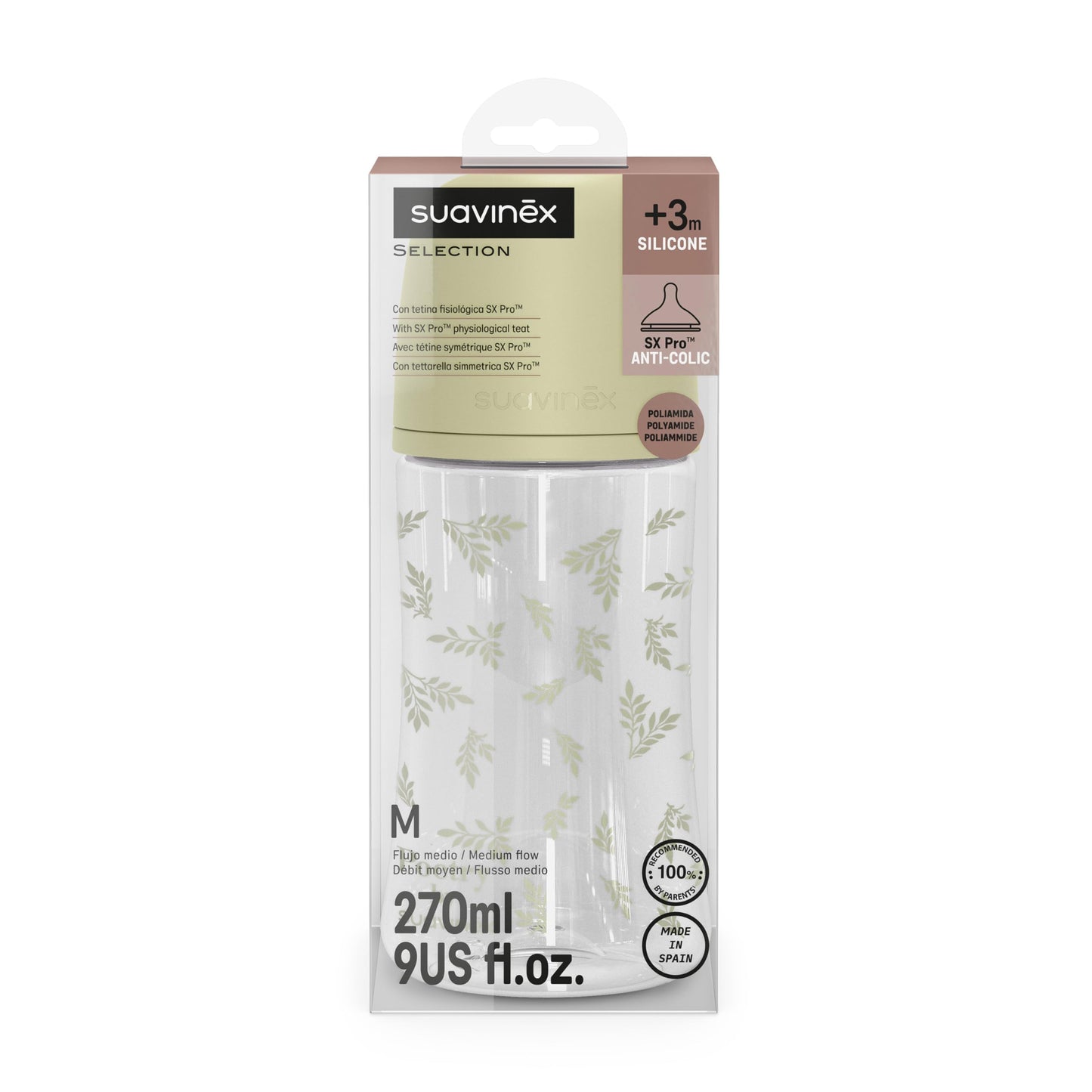 Suavinex lutipudel 270 ml SX Pro füsioloogilise silikoonlutiga, keskmine vool – Poetry, roheline