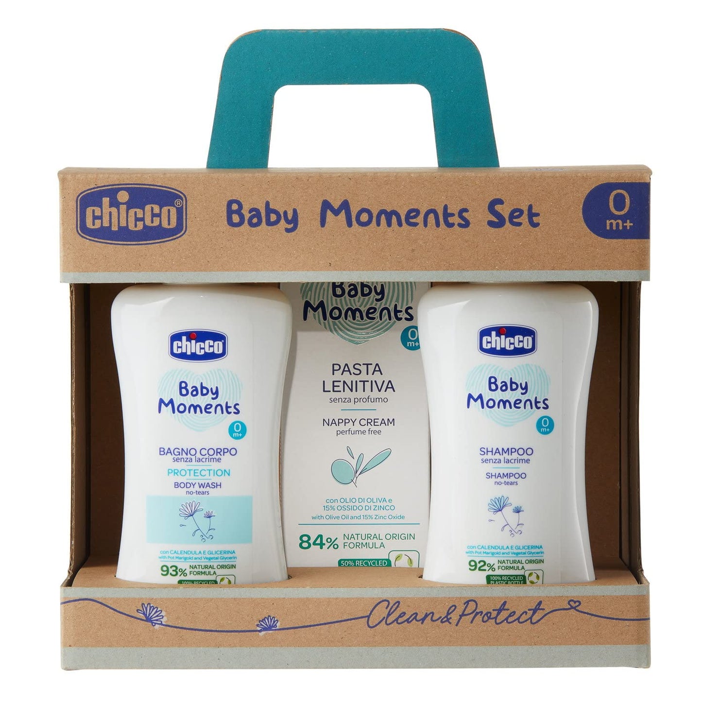 Chicco Baby Moments beebihoolduskomplekt vastsündinutele (dušigeel, šampoon ja mähkmekreem)