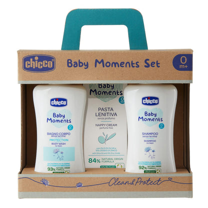 Chicco Baby Moments beebihoolduskomplekt vastsündinutele (dušigeel, šampoon ja mähkmekreem)